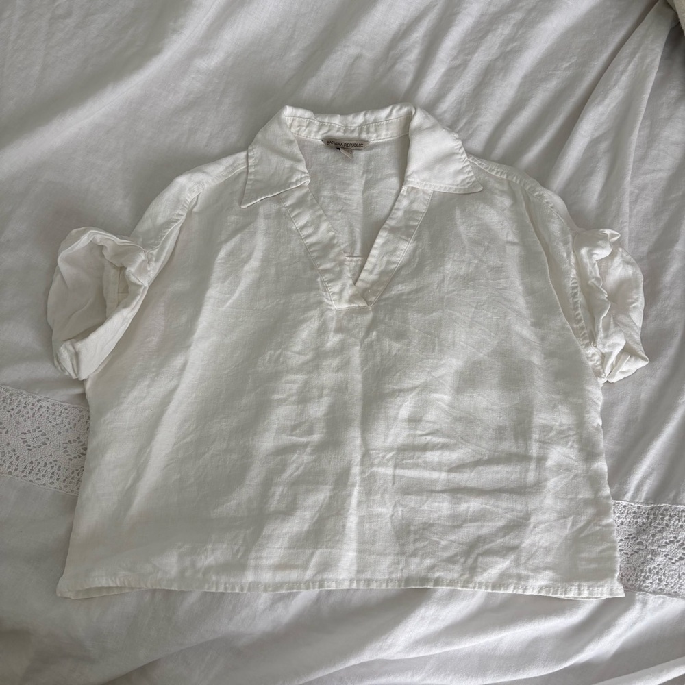 Banana Republic SMALL Cruz 100% Linen Utility Top Short Sleeve Popover white - Picture 2 of 5
